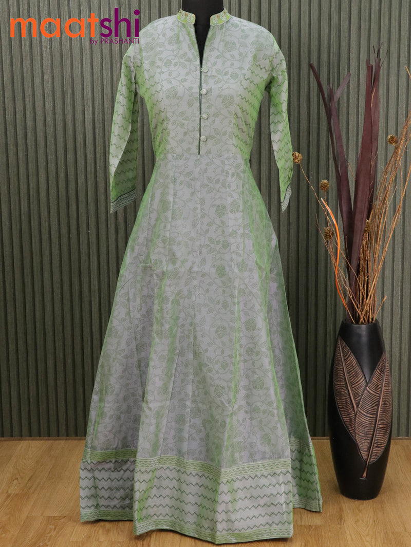 Chanderi readymade floor length kurti dual shade of greyish green with allover prints & embroidery work neck pattern without pant