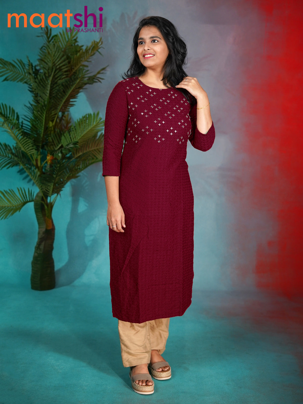 Soft cotton readymade kurti maroon with allover chikankari & beaded wo