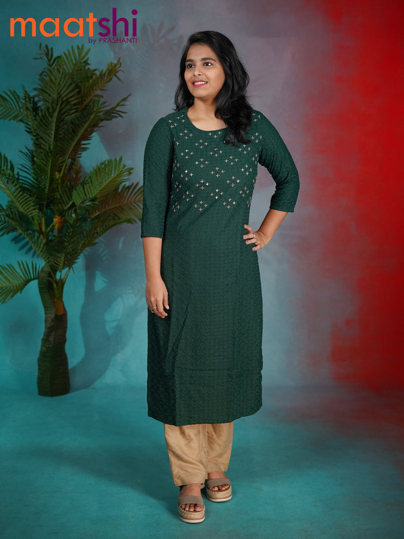 Soft cotton readymade kurti dark green with allover chikankari & beaded work neck pattern without pant