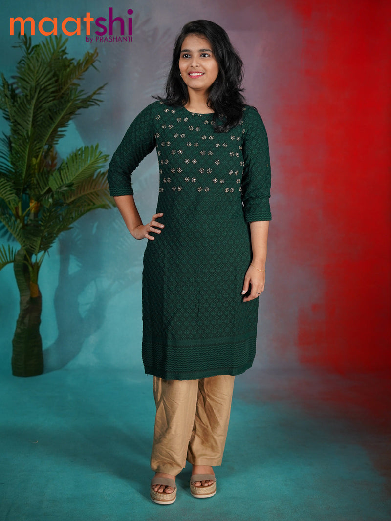 Soft cotton readymade kurti dark peacock green with allover chikankari & beaded work neck pattern without pant
