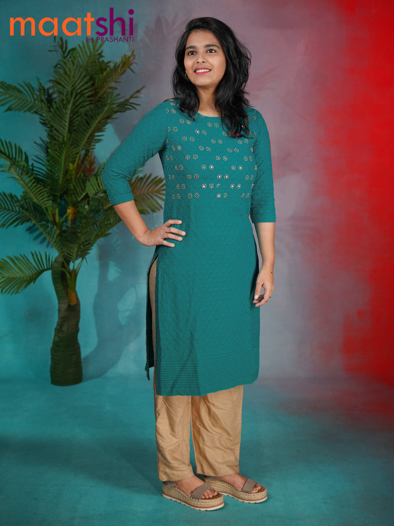 Soft cotton readymade kurti teal blue with allover chikankari & beaded work neck pattern without pant