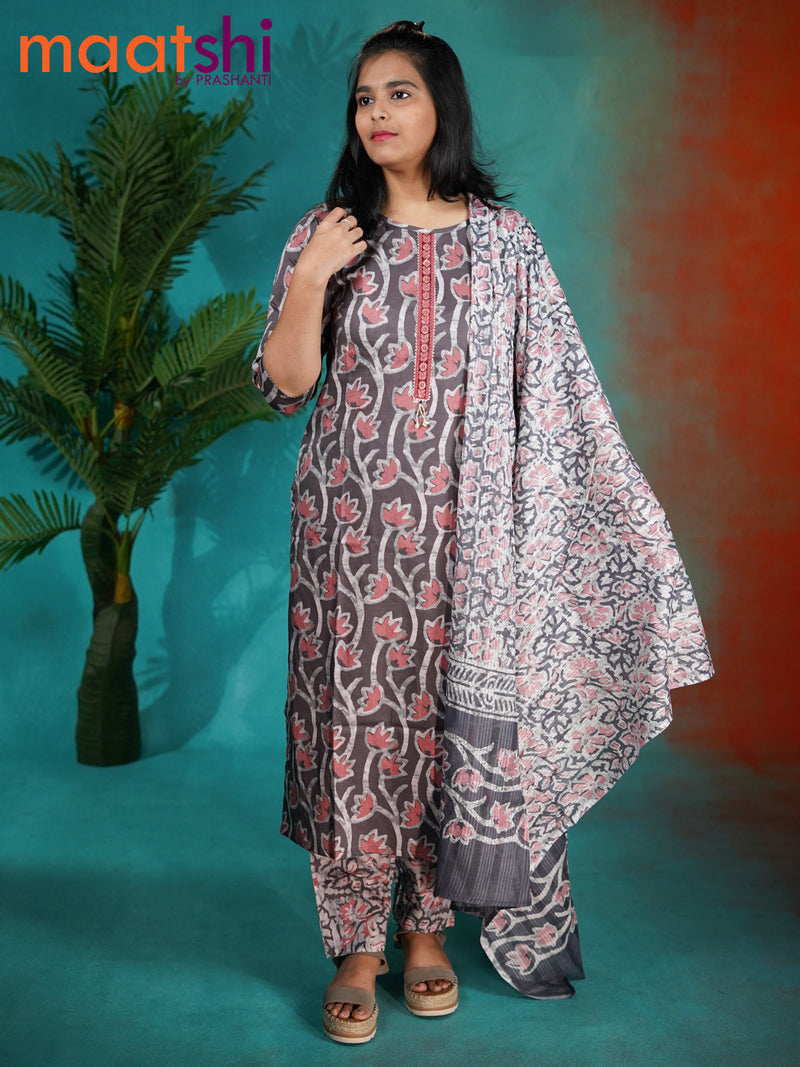 Modal readymade kurti set grey and off white with allover batik prints & sequin gotapatti lace work neck pattern and straight cut pant & cotton dupatta