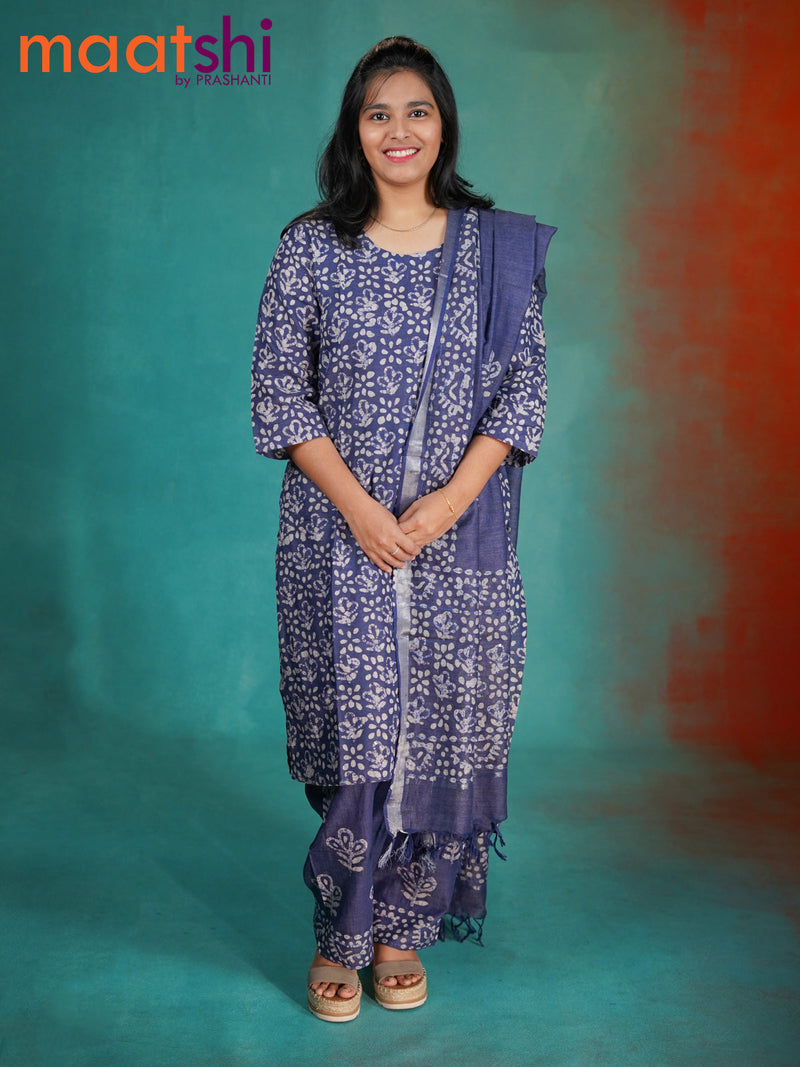 Cotton readymade kurti set blue with allover batik prints & kantha stitch work and straight cut pant & cotton dupatta