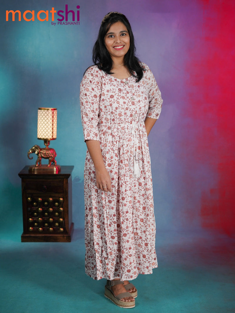 Soft cotton readymade umbrella kurti off white and maroon with allover floral prints without pant