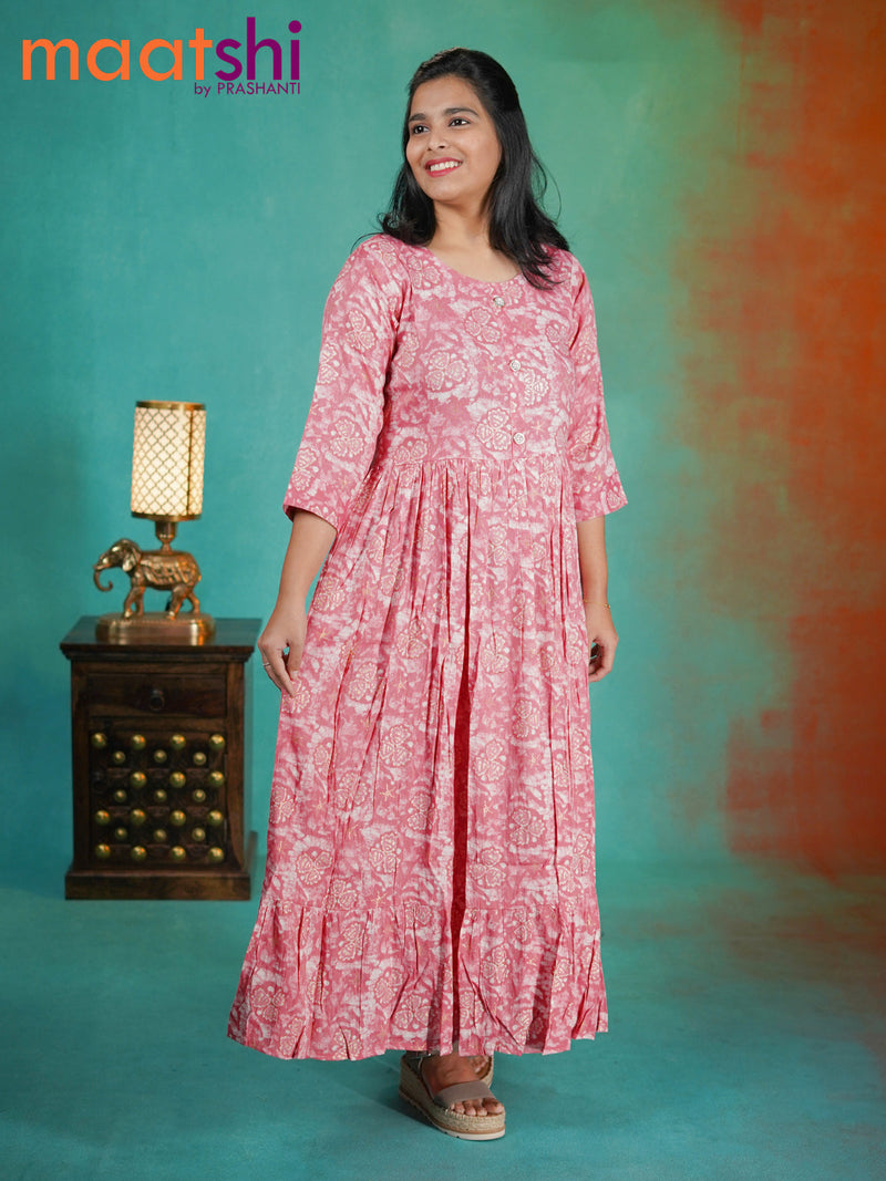 Soft cotton readymade umbrella kurti light pink with allover batik prints without pant