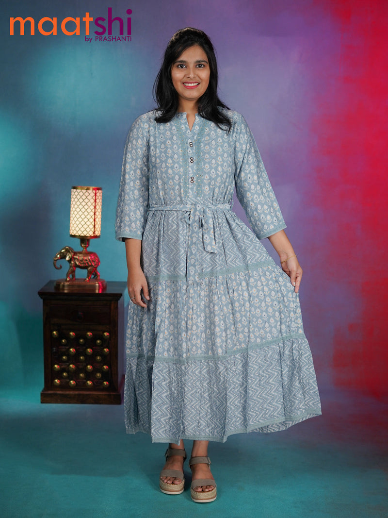 Muslin readymade umbrella kurti grey with allover prints & lace work neck pattern without pant