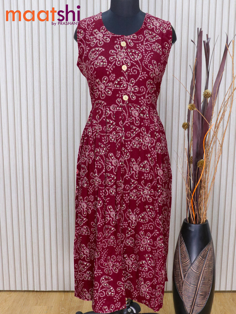 Soft cotton readymade umbrella kurti maroon with allover batik prints & sleeveless without pant