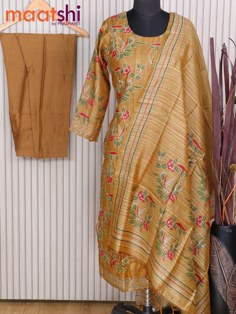 Chanderi readymade kurti set dark mustard with allover floral prints & kantha stitch work and straight cut pant & printed dupatta