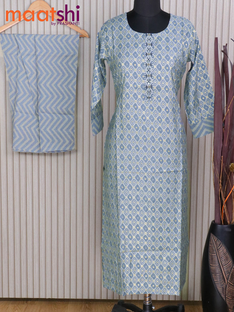 Muslin readymade kurti grey with bandhani prints & mirror work neck pattern and straight cut pant