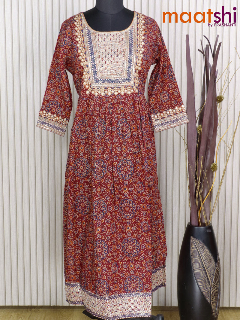 Cotton readymade naira cut kurti maroon with allover ajrakh prints & sequin embroidery work neck pattern without pant