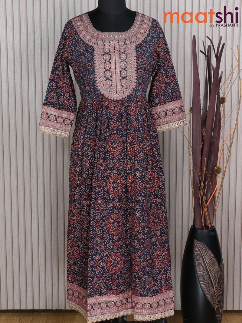 Cotton readymade naira cut kurti navy blue with allover ajrakh prints & sequin embroidery work neck pattern without pant