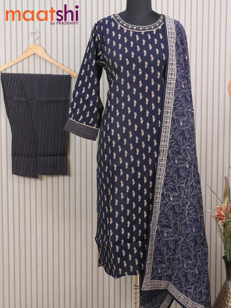 Modal readymade kurti set navy blue with allover prints & simple work neck pattern and straight cut pant & printed dupatta