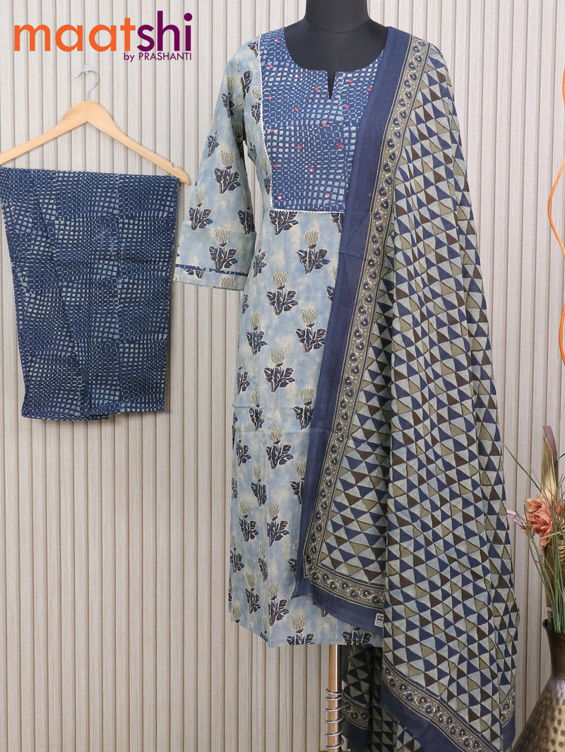 Cotton readymade kurti set pastel blue and indigo blue with allover floral prints & gotapatti lace work neck pattern and straight cut pant & printed dupatta