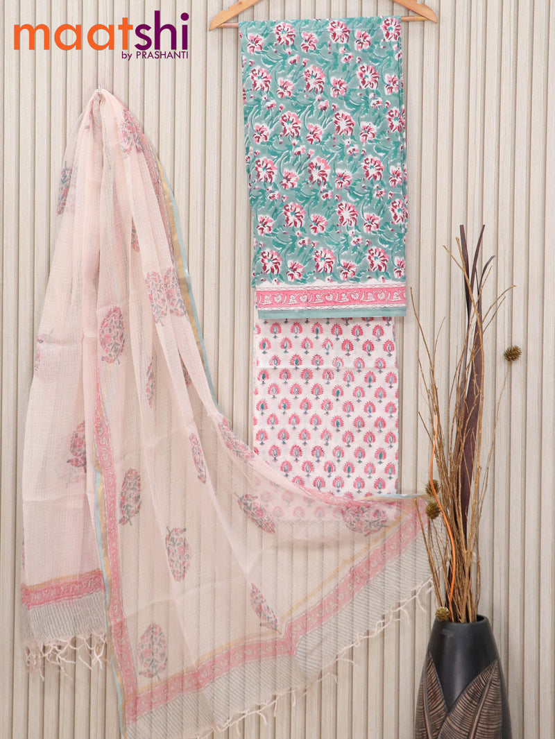 Cotton dress material pastel blue shade and off white pink with allover dabu prints and printed kota dupatta