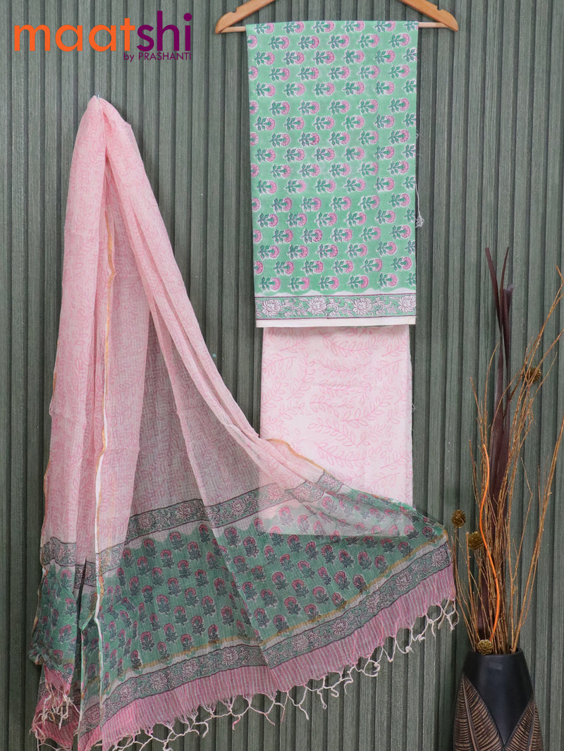 Cotton dress material teal green and off white pink with allover floral butta prints and printed kota dupatta