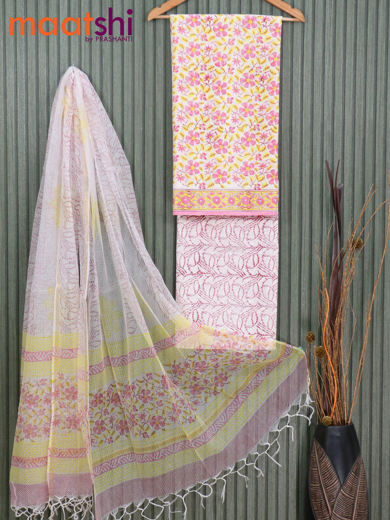 Cotton dress material off white and light pink with allover floral prints and printed kota dupatta