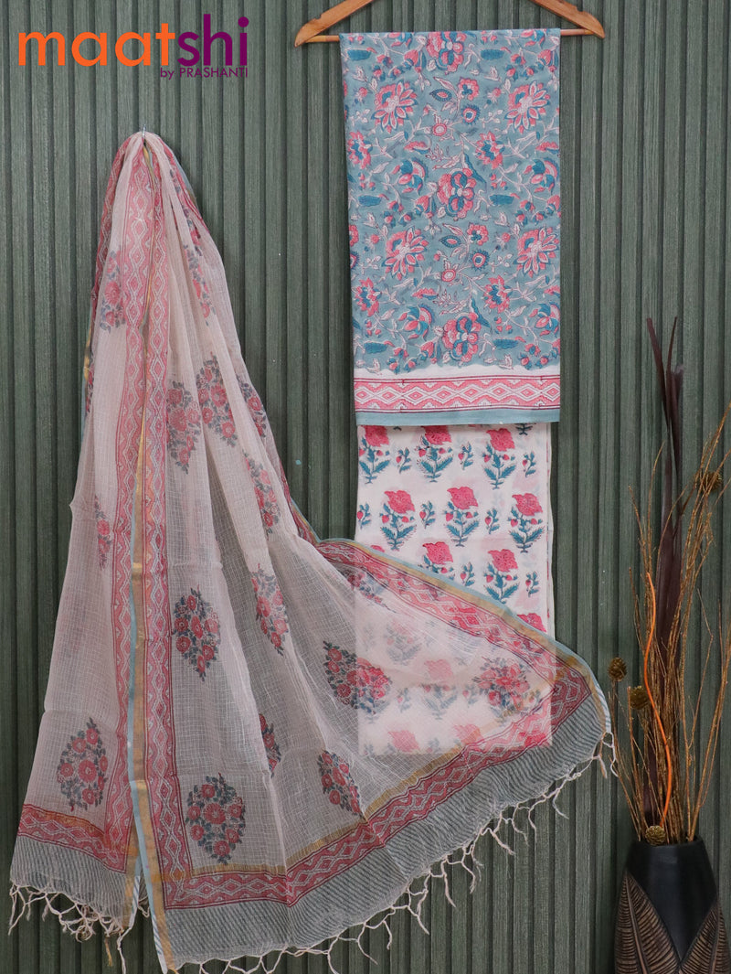Cotton dress material pastel shade and off white with allover floral prints and printed kota dupatta