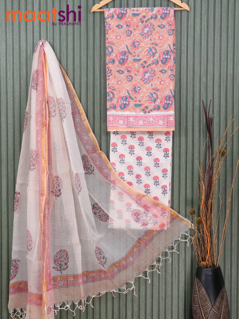 Cotton dress material pastel brown and off white with allover floral prints and printed kota dupatta