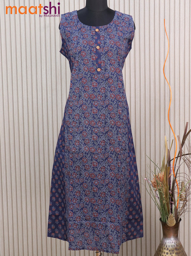 Cotton readymade kurti dark blue with allover floral prints & simple patch work neck pattern without pant - sleeve attached