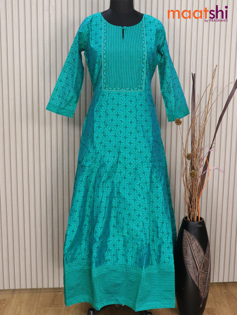 Raw silk readymade floor length kurti blue shade with allover prints & embroidery work neck pattern without pant