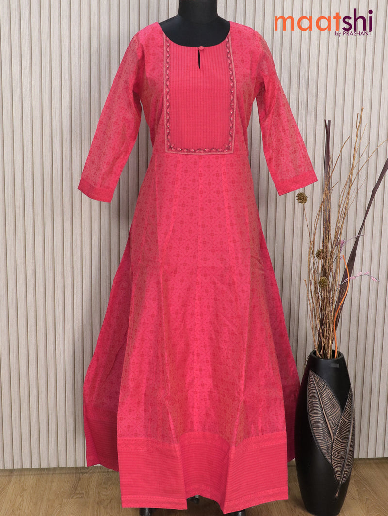 Raw silk readymade floor length kurti dual shade of pink with allover prints & embroidery work neck pattern without pant