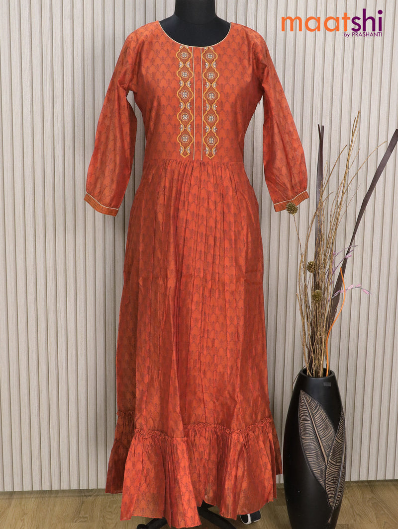 Raw silk readymade floor length kurti rustic orange with allover prints & embroidery work neck pattern without pant - raw silk