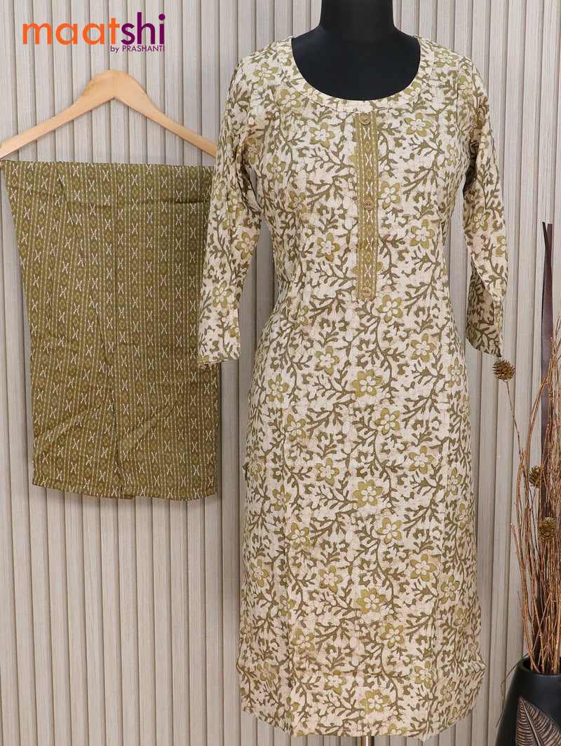 Cotton readymade kurti beige and olive green with allover batik floral prints & simple neck pattern and straight cut pant