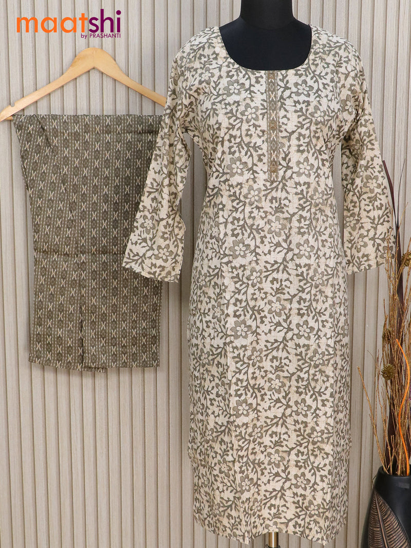 Cotton readymade kurti beige and dark grey with allover batik floral prints & simple neck pattern and straight cut pant