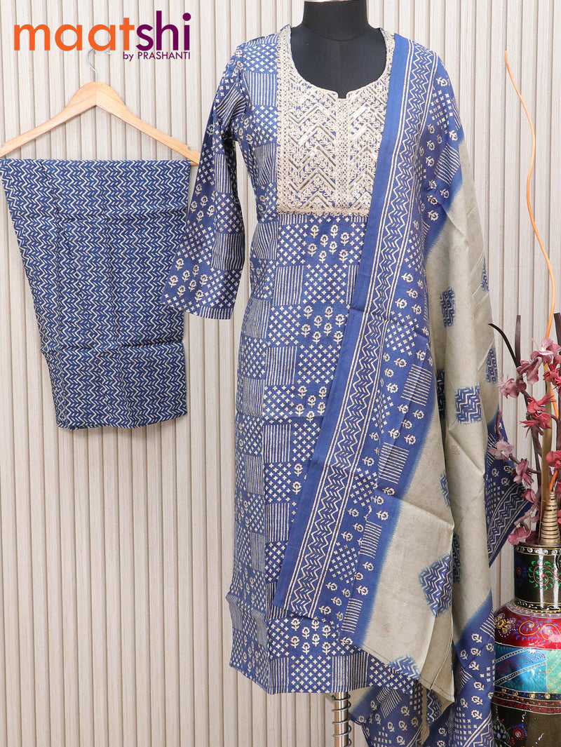 Muslin readymade kurti set blue with allover prints & embroidery sequin work neck pattern and straight cut pant & printed dupatta