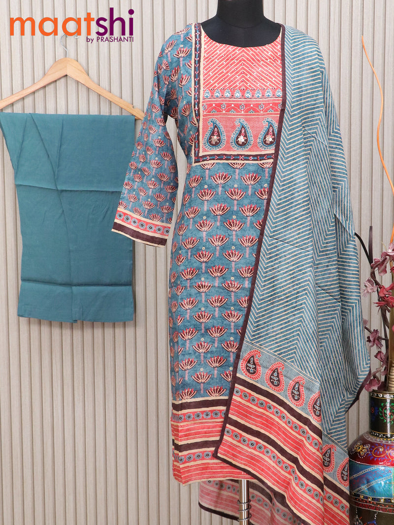 Muslin readymade kurti set pastel blue and red shade with allover floral prints & stone chamki work neck pattern and straight cut pant & printed dupatta