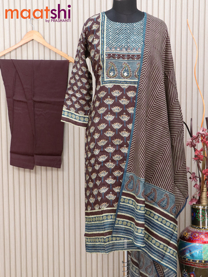 Muslin readymade kurti set maroon and blue with allover floral prints & stone chamki work neck pattern and straight cut pant & printed dupatta