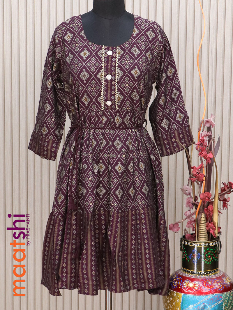 Muslin readymade short umbrella kurti jamun shade with allover patola & lace work neck pattern without pant