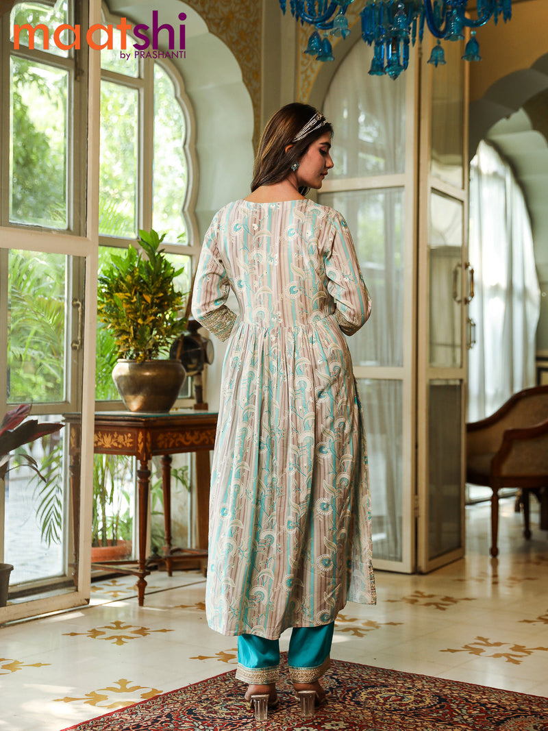 Cotton readymade salwar suit set grey shade and teal blue with allover prints embroidery work neck design naira cut & potli and straight cut pant & printed dupatta