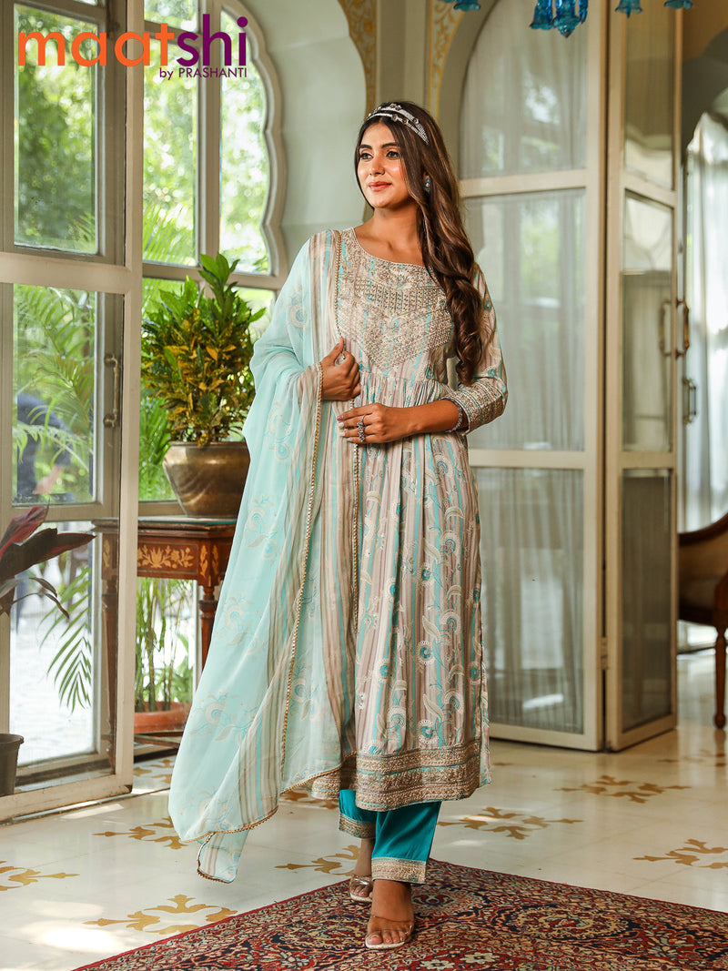 Cotton readymade salwar suit set grey shade and teal blue with allover prints embroidery work neck design naira cut & potli and straight cut pant & printed dupatta