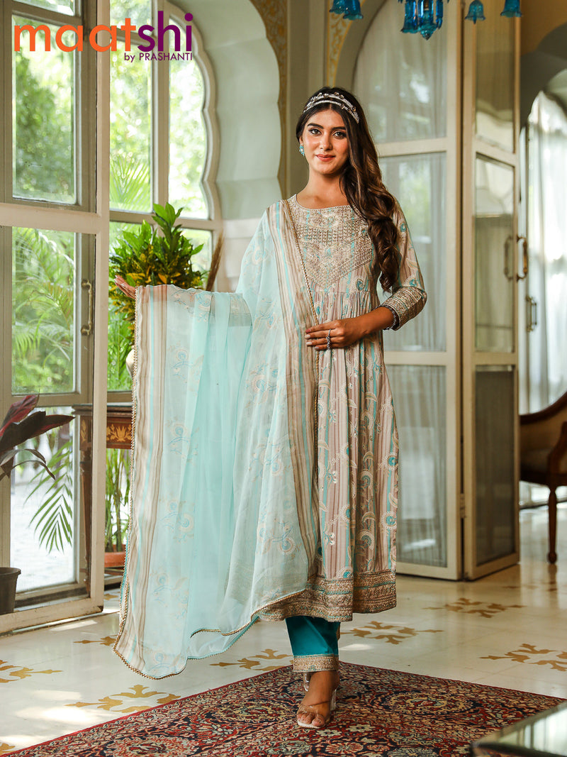 Cotton readymade salwar suit set grey shade and teal blue with allover prints embroidery work neck design naira cut & potli and straight cut pant & printed dupatta