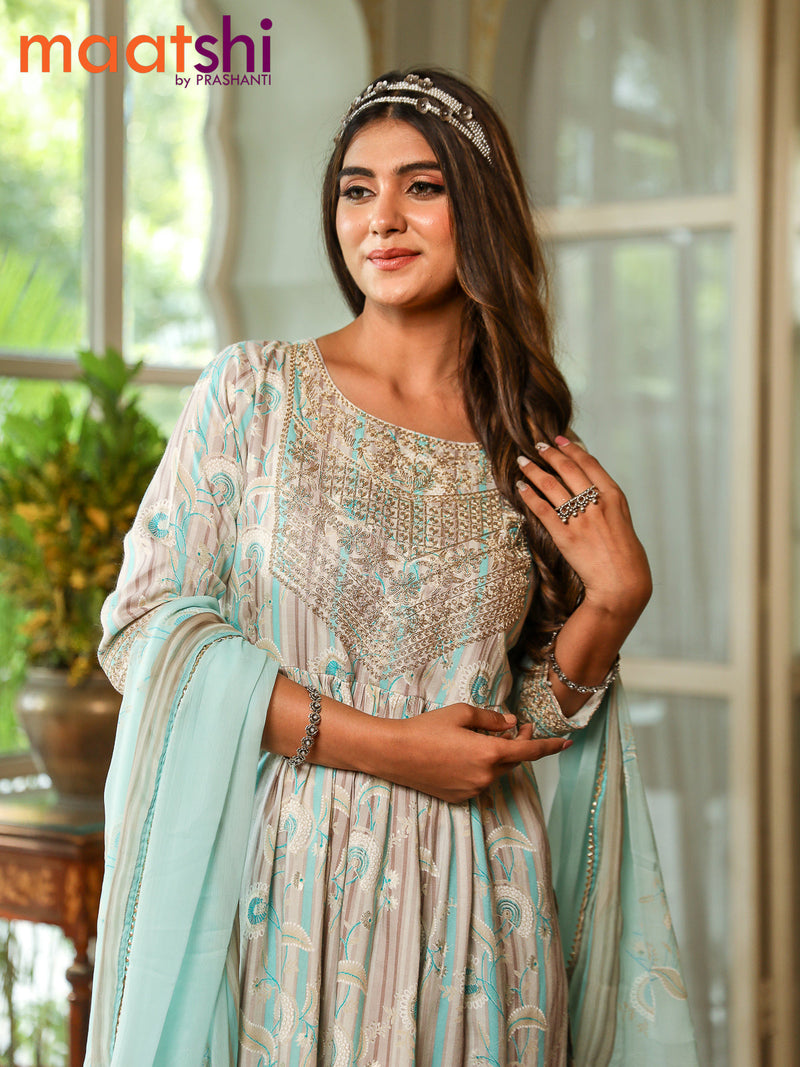 Cotton readymade salwar suit set grey shade and teal blue with allover prints embroidery work neck design naira cut & potli and straight cut pant & printed dupatta