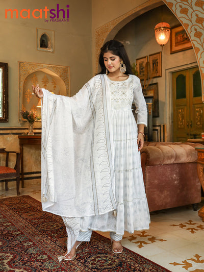 Cotton readymade anarkali salwar suit off white with allover prints & embroidery beaded work neck pattern and straight cut pant & cotton dupatta