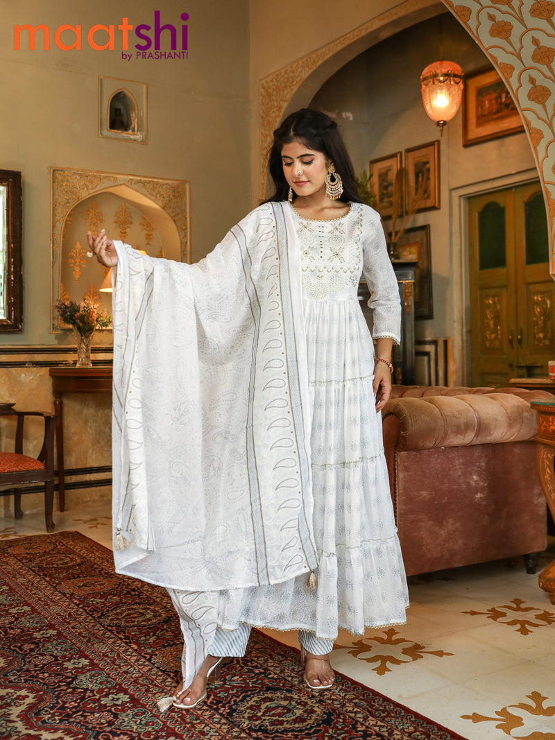 Cotton readymade anarkali salwar suit off white with allover prints & embroidery beaded work neck pattern and straight cut pant & cotton dupatta