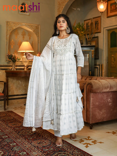 Cotton readymade anarkali salwar suit off white with allover prints & embroidery beaded work neck pattern and straight cut pant & cotton dupatta