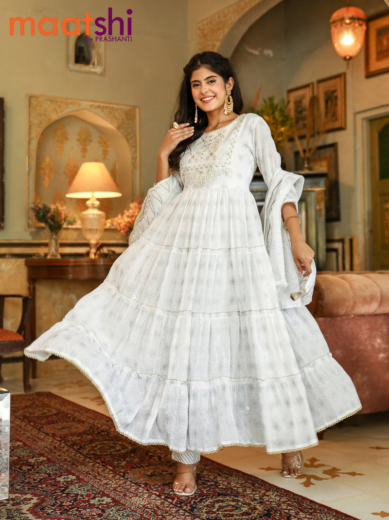 Cotton readymade anarkali salwar suit off white with allover prints & embroidery beaded work neck pattern and straight cut pant & cotton dupatta