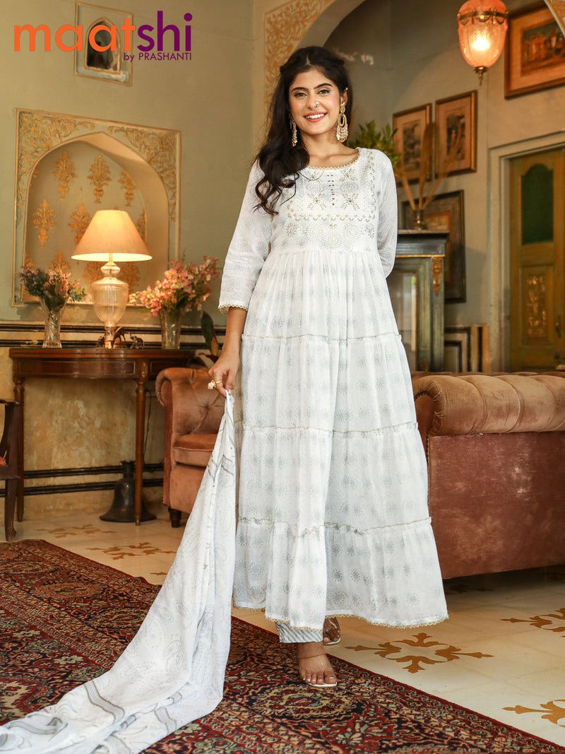 Cotton readymade anarkali salwar suit off white with allover prints & embroidery beaded work neck pattern and straight cut pant & cotton dupatta