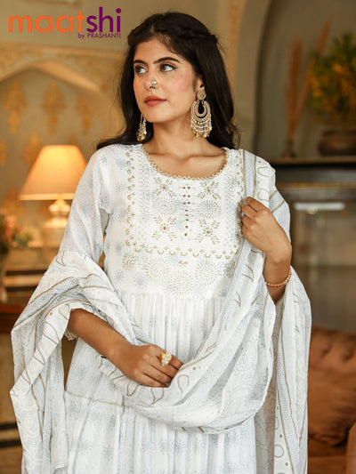 Cotton readymade anarkali salwar suit off white with allover prints & embroidery beaded work neck pattern and straight cut pant & cotton dupatta