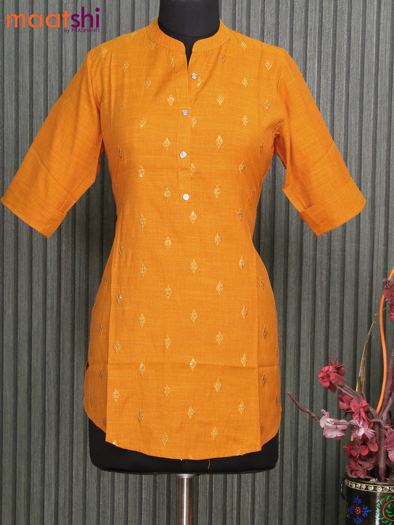 Cotton readymade short kurti mustard yellow with allover embroidery work & simple patch work neck pattern without pant