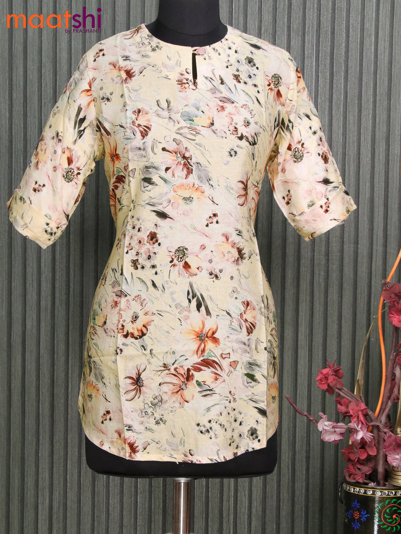 Cotton readymade short kurti cream with allover floral prints without pant