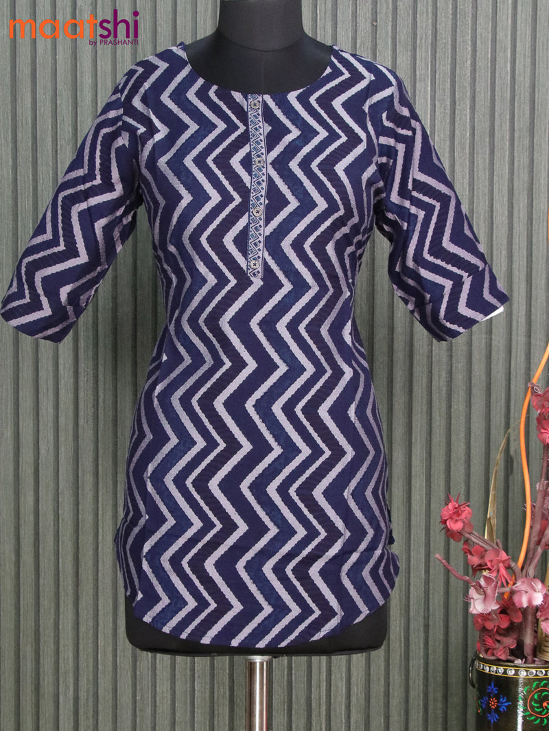 Modal readymade short kurti indigo blue with allover zig zag prints & simple patch work neck pattern without pant