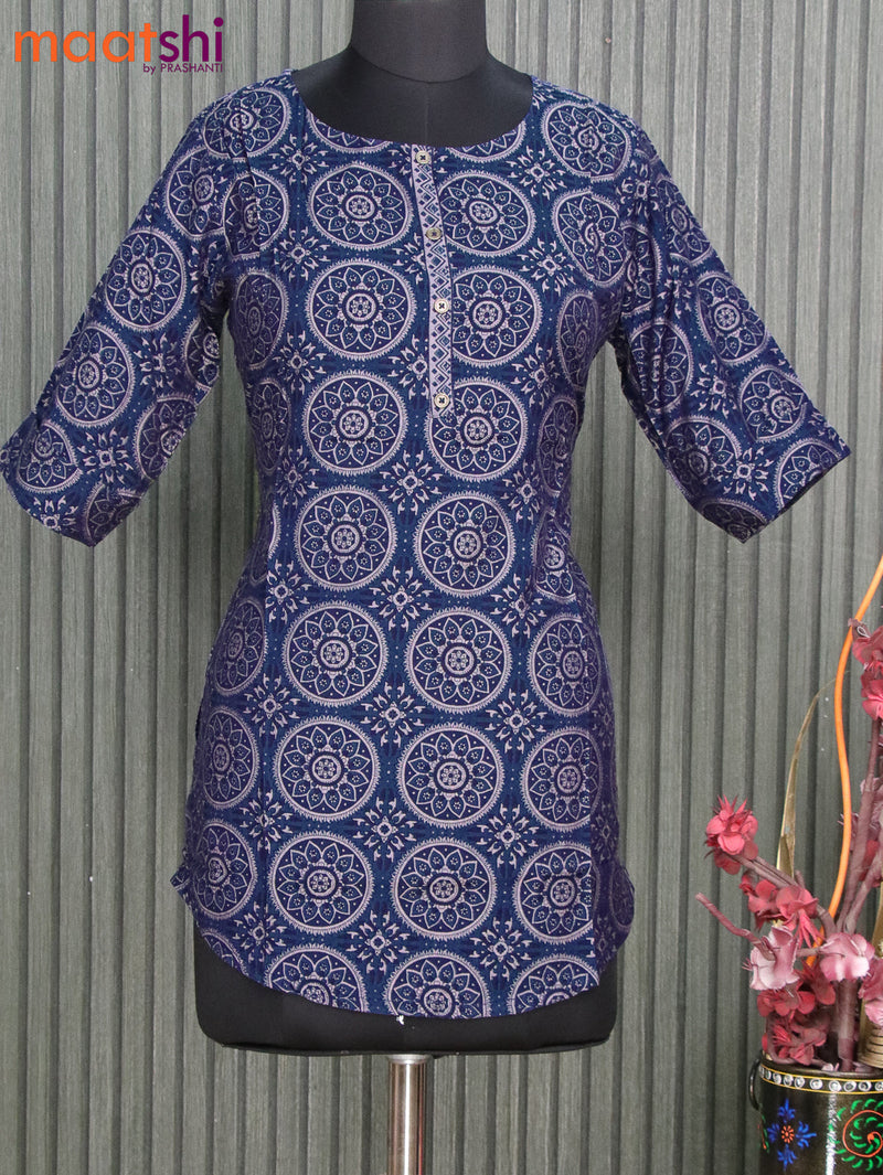 Modal readymade short kurti indigo blue with allover ajrakh prints & simple patch work neck pattern without pant