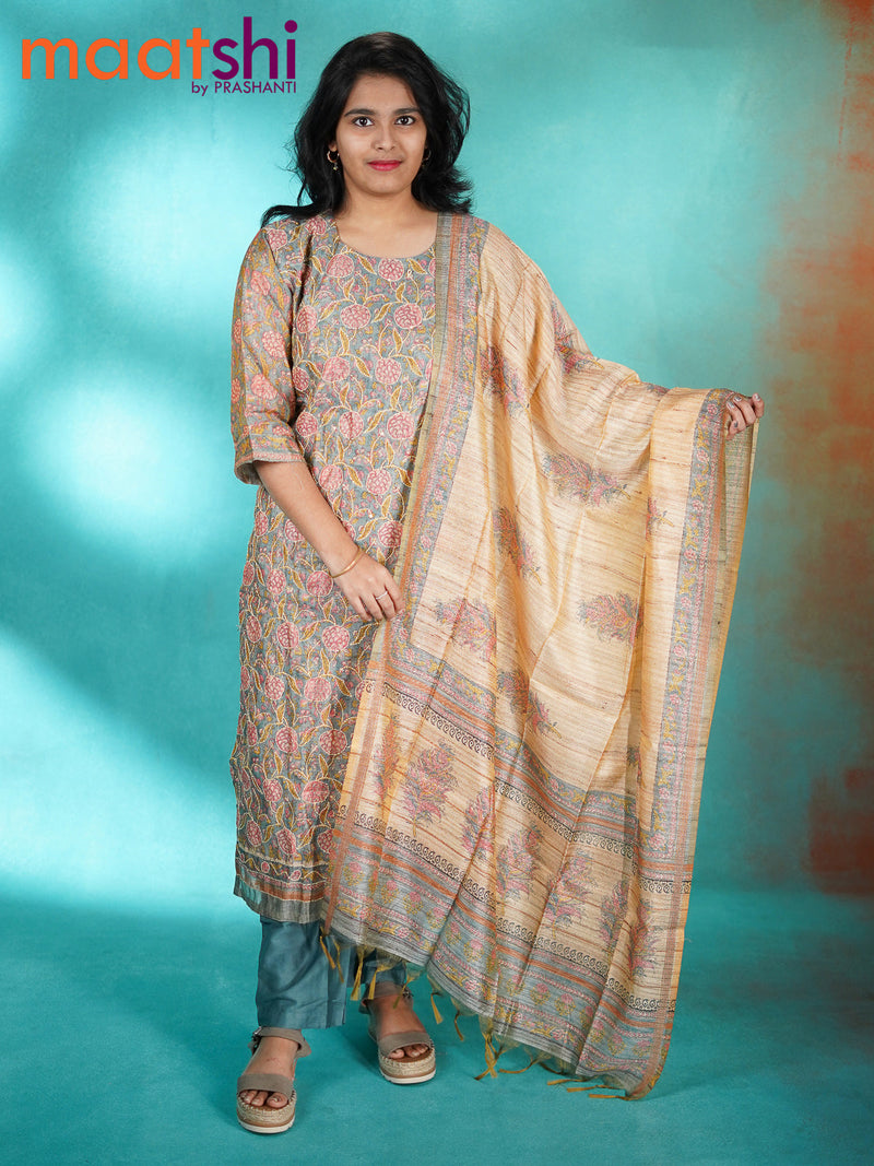 Chanderi readymade kurti set grey with allover floral prints & kantha stitch work and straight cut pant & dupatta