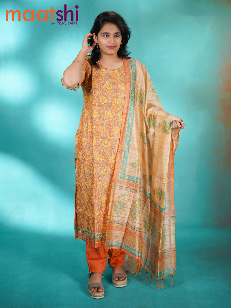 Chanderi readymade kurti set orange with allover floral prints & kantha stitch work and straight cut pant & dupatta