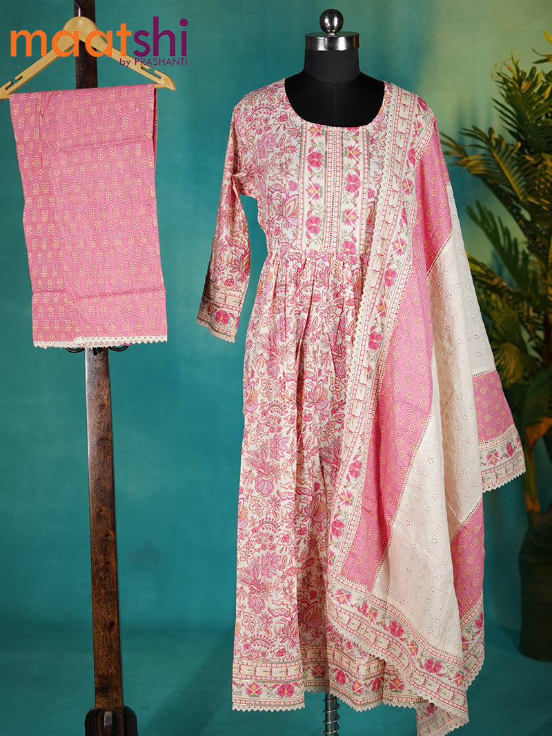 Cotton readymade naira cut kurti cream and pink with allover floral prints & lace neck pattern and straight cut pant & cut work cotton dupatta