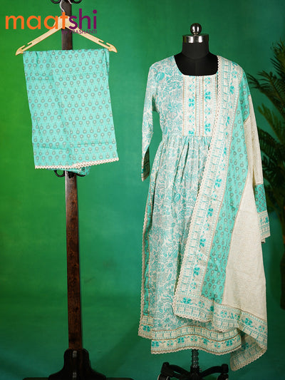 Cotton readymade naira cut kurti cream and teal green with allover floral prints & lace neck pattern and straight cut pant & cut work cotton dupatta